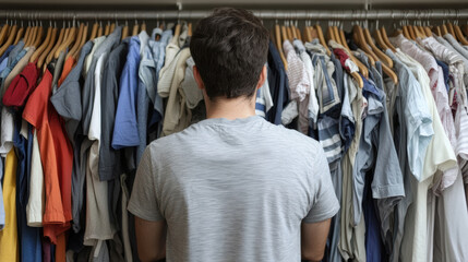 Man contemplating a wardrobe full of clothes, deciding what to wear, AI