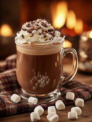 Food style macro close-up photo of hot chocolate with espresso topped with whipped cream and chocolate shavings, served in a glass mug surrounded by marshmallows on a plaid blanket