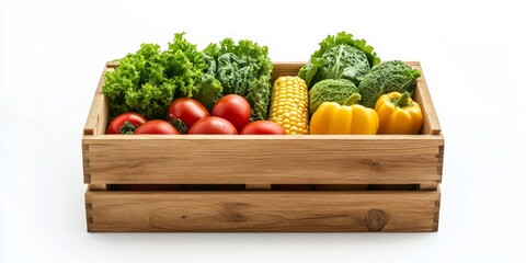 Wall Mural - Fresh assorted vegetables in a wooden crate. Bright colors and healthy choices stand out. Perfect for organic markets, cooking shows, and health promotions. Promote healthy eating. AI