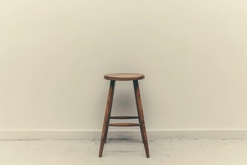 A Wooden Stool Against a White Wall