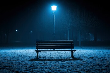 Wall Mural - A Snowy Bench Illuminated by a Streetlight in a Foggy Night