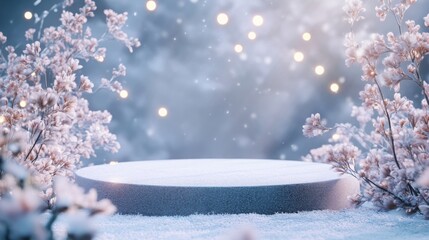 Poster - A peaceful winter scene features a circular platform surrounded by delicate flowers and gentle snowfall.