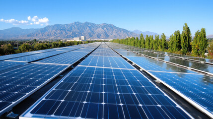 Harnessing solar energy, this showcases vast array of solar panels under clear blue sky, with mountains in background. scene reflects advancements in renewable energy technology and sustainability