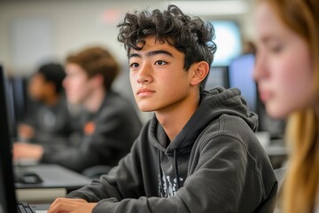 Wall Mural - Young student in class with other students working on computers, Generative AI