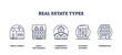 © VectorMine - Real estate types icons include single-family, multifamily, community, student housing, and commercial, transparent background. Outline icons set.