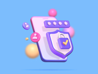 3D mobile phone with shield security icon with protection. Application safety using a smartphone concept. 3d mobile phone safety 