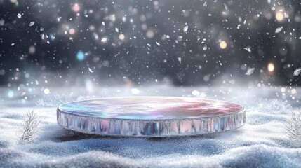 Aufkleber - A circular platform, encased in ice, sits amidst a snowy terrain as delicate snowflakes fall around it. The evening light casts a colorful glow on the surface, enhancing its mystical ambiance.