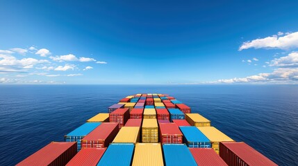 Aerial view of colorful shipping containers on a cargo vessel in deep blue ocean under clear blue sky.