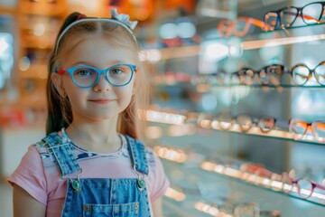 A young girl with glasses stands in front of a display of eyewear. Concept of choosing eyeglasses. For eyewear advertisements.