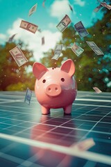 piggy bank on solar panels. Selective focus