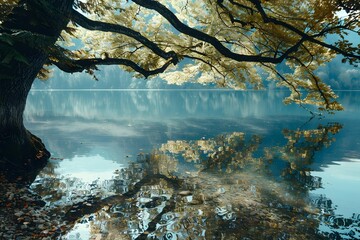 Wall Mural - Tranquil Lake Reflections Under Autumn Leaves