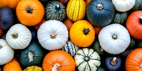 Sticker - A vibrant collection of pumpkins in various colors and patterns. This image showcases a fall theme with decorative gourds. Perfect for autumn celebrations and seasonal decor. AI