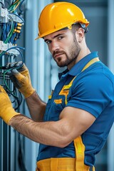 A confident industrial worker in safety gear works on electrical equipment. The image showcases his focus and professionalism in a modern workspace.