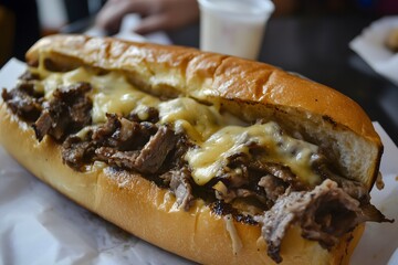 Wall Mural - A close-up of a Philly cheese steak sandwich served at a restaurant