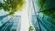 © Badass Prodigy - A view of modern glass buildings reflecting greenery and light.
