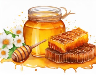 Watercolor illustration of sweet honey and honeycombs, perfect for design projects featuring natural elements.