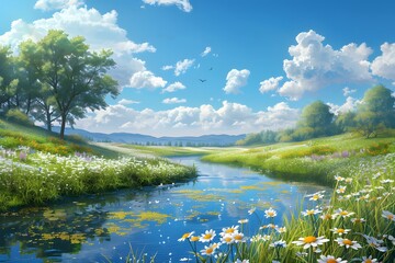 Wall Mural - Serene Landscape with Flowing River and Vibrant Wildflowers Under a Bright Blue Sky