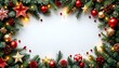 © Metehan - Christmas frame of spruce, red gold christmas decorations on white background. Copy space. New Year lights. Flat lay.