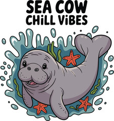 Wall Mural - Sea cow Chill vibes concept manatee t-shirt design