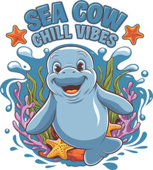 Wall Mural - Sea cow Chill vibes concept manatee t-shirt design