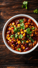 Wall Mural - Bowl of chili con carne garnished with fresh cilantro, placed on a rustic wooden surface