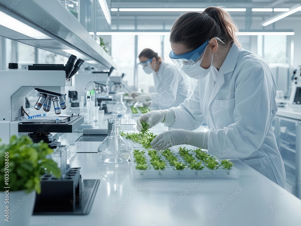 Scientists in lab coats work with plants in a modern lab, focusing on ...