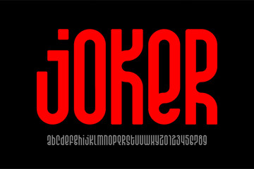 Joker. Condensed style modern font, alphabet letters and numbers vector illustration