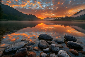 Wall Mural - Serene Sunset Reflections Over a Tranquil Lake Surrounded by Mountains