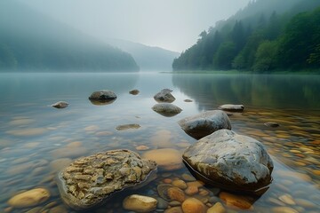 Wall Mural - Tranquil Misty Lake with Smooth Stones and Lush Greenery