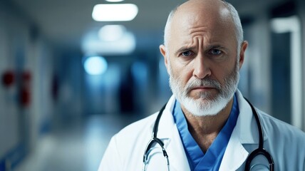 A serious-looking doctor in a hospital corridor, wearing scrubs and a stethoscope, exuding professionalism and concern.