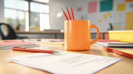 A mug of orange coffee sits on a table with a piece of paper and a pen. The scene is set in a classroom or office, with a window in the background