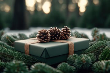 Wall Mural - Christmas Gift Under the Tree, Wrapped in Green Paper with Pine Cones, Anticipation for the Holiday Celebration, Excitement for the Gift