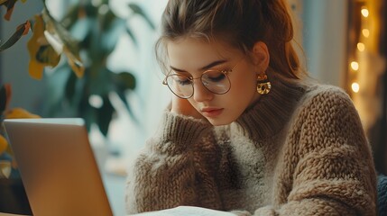 Sticker - Young Woman Wearing Glasses and a Knit Sweater Looking Down at a Laptop