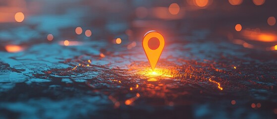 Glowing map pointer icon on a digital map background, symbolizing location tracking.