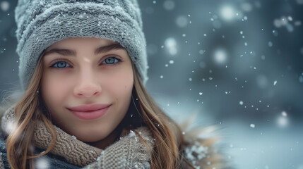 Wall Mural - Beautiful woman posing in the snow on a winter day on natural snowy background