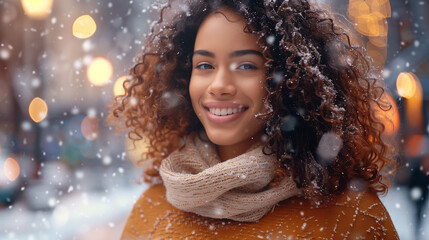 Cute positive woman wearing winter season look clothes having fun outdoor on Christmas city street on abstract bokeh light and snowflake background