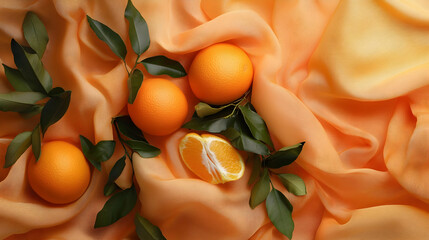 Wall Mural - Oranges and green leaves arranged artistically on flowing orange fabric, representing elegance  -  