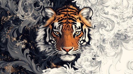Wall Mural - a striking tiger's face emerges from swirling patterns, blending power and elegance.