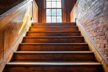 Wall Mural - Wooden Staircase Leading Upwards with Brick Walls and Window