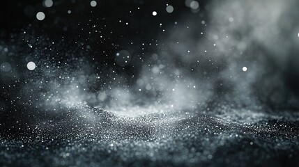 Leinwandbilder - Mysterious abstract background with floating dust particles and soft bokeh lights, illuminated against a dark grey and black backdrop. The smooth blend of light and shadow creates an ethereal, dreamy 