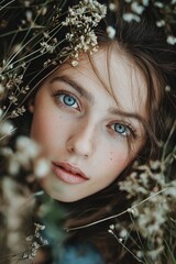 A captivating close-up of a woman with blue eyes amid wildflowers, emphasizing her serene expression.