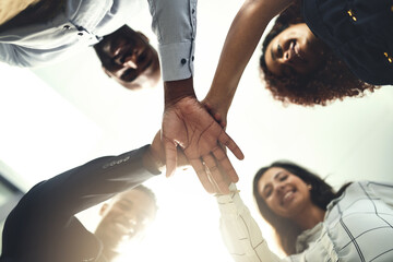 Poster - Business people, huddle and pile of hands in office, team building and support in project. Employees, low angle and together in solidarity for company growth, collaboration and united in mission