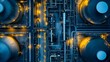 © Instrudify - A drone's-eye view of a high-tech petrochemical facility, showcasing a complex arrangement of pipes running between huge storage tanks.