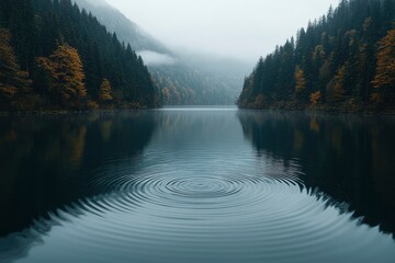 a single ripple on a tranquil lake surrounded by foggy mountains and pine trees