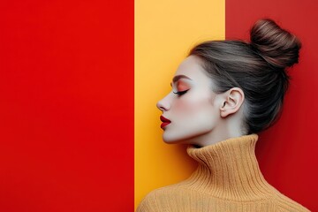 The woman models a high-neck sweater, her hair styled in a bun. The backdrop features striking red and yellow sections, highlighting her elegant makeup and confident pose.