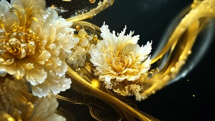 Wall Mural - golden flowers and swirling liquid create a beautiful abstract image