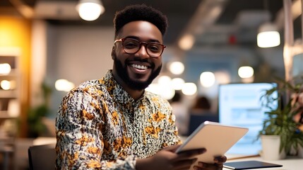 Wall Mural - Smiling African American Man Holding Tablet in Office Setting