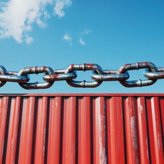 A close-up view of a rusty metal chain hanging above a vibrant red shipping container under a clear blue sky.