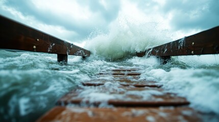 The dramatic image captures powerful ocean waves crashing against a sturdy wooden pier, highlighting nature's raw force and the beauty of sea elements.