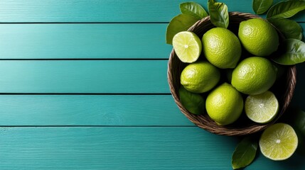 A charming basket brimming with vibrant limes sits on a turquoise wooden table, catching soft sunlight and exuding an inviting warmth and zestful energy.